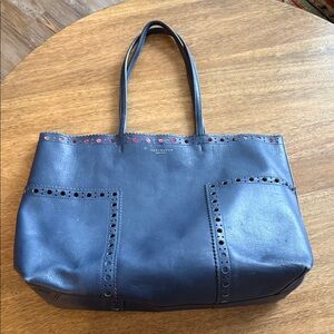 Tory Burch Navy Blue Leather Tote Bag with red orange interior lining